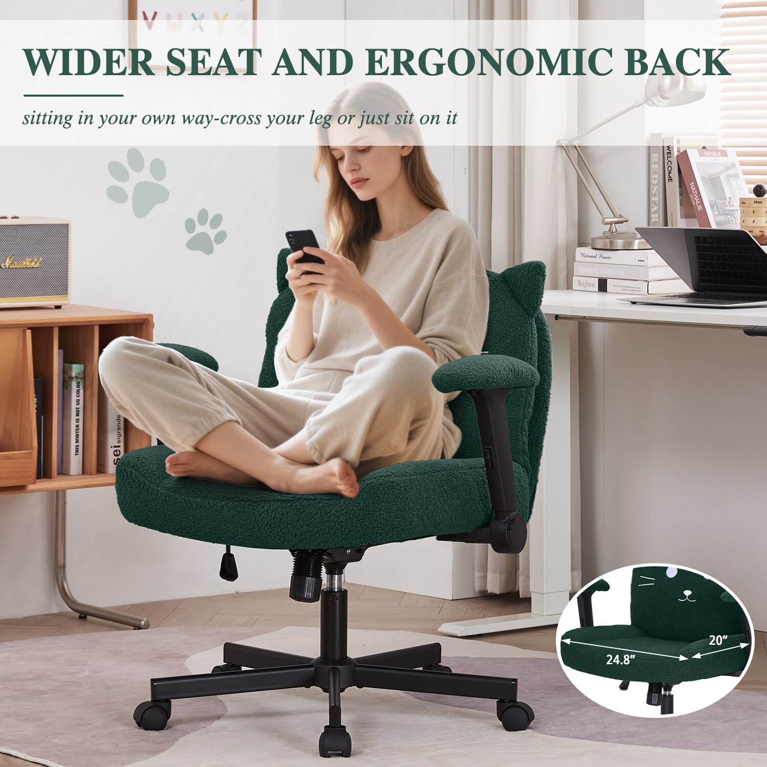Sunchen Criss Cross Chair With Wheels And Arms, Cross Legged Office Chair With Wide Seat, Adjustable Cute Comfy Desk Chairs For Home Office, Bedroom, Vanity_maomaolike.com